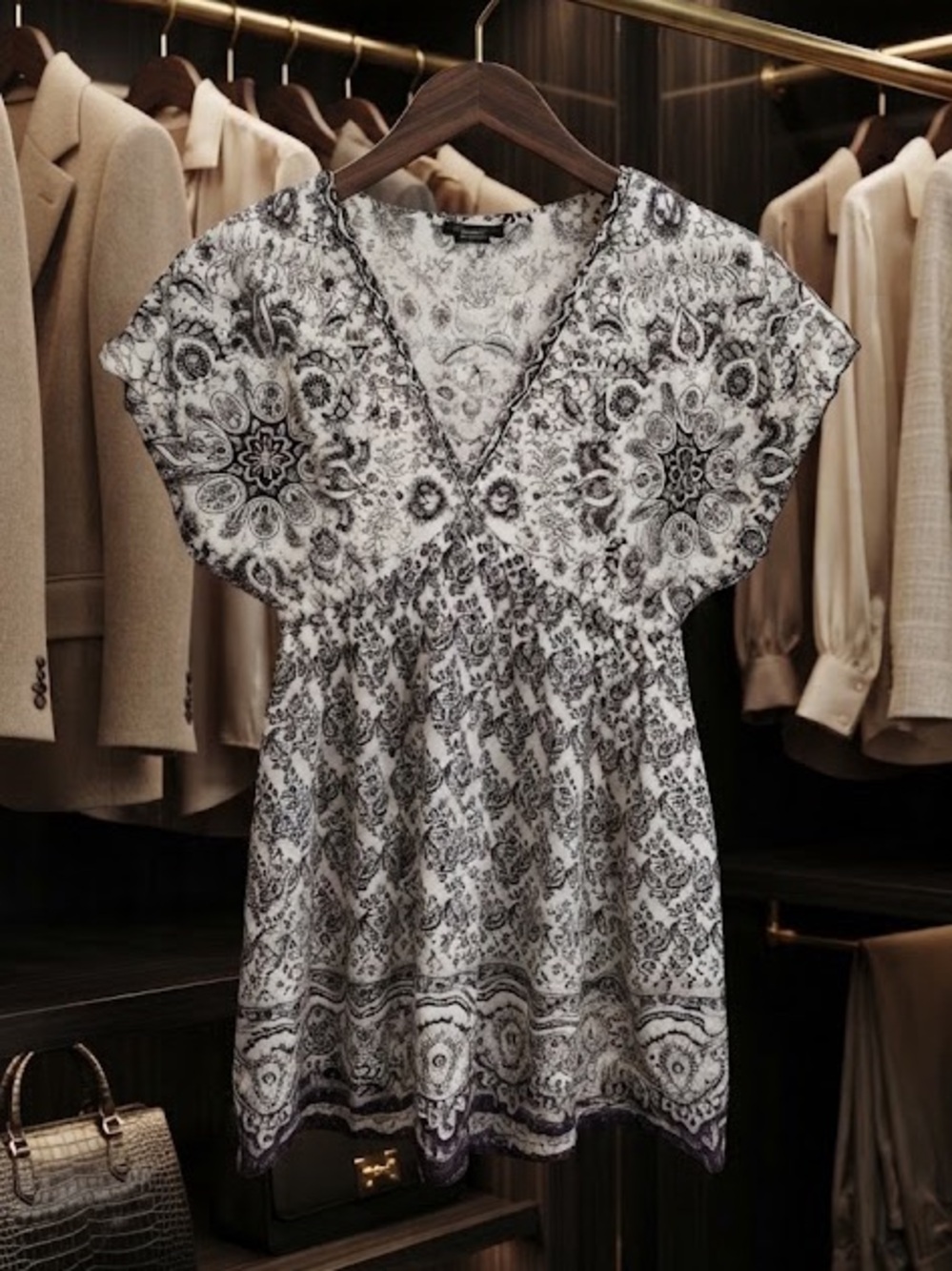 Angie- V-Neck 100% Rayon Paisley Print Blouse in Cream and Black